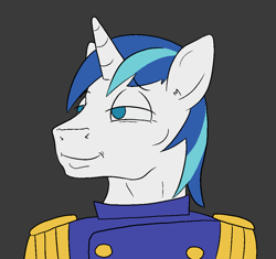 Size: 1000x938 | Tagged: safe, artist:happy harvey, shining armor, pony, g4, clothes, colored pupils, ear fluff, gray background, grin, looking sideways, meme, phone drawing, ponified, ponified meme, simple background, smiling, smug, uniform