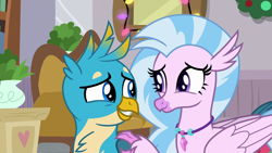 Size: 1920x1080 | Tagged: safe, screencap, gallus, silverstream, classical hippogriff, griffon, hippogriff, g4, the hearth's warming club, cute, daaaaaaaaaaaw, diastreamies, female, gallabetes, heartwarming, looking at each other, male, raised claw, shipping fuel, smiling, sweet dreams fuel, touching