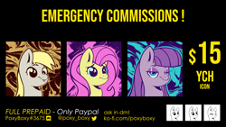 Size: 1920x1080 | Tagged: safe, artist:poxy_boxy, derpy hooves, fluttershy, maud pie, g4, advertisement, commission info, ych example, your character here