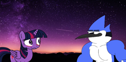 Size: 1854x914 | Tagged: safe, artist:kevinight, twilight sparkle, alicorn, bird, blue jay, pony, g4, airplanes (song), blushing, crossover, crossover shipping, cutie mark, female, heart eyes, looking at each other, male, mordecai, mordetwi, muscles, muscular male, night, regular show, shipping, shooting star, stars, straight, twilight sparkle (alicorn), wingding eyes