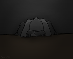 Size: 2464x2000 | Tagged: safe, artist:somber, oc, oc only, oc:sombird, griffon, dark, depression, gradient background, gray background, griffon oc, head down, high res, male, sad, simple background, solo, somber, table, vent art