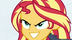 Size: 1280x720 | Tagged: safe, edit, edited screencap, screencap, sunset shimmer, equestria girls, equestria girls specials, g4, my little pony equestria girls: better together, my little pony equestria girls: holidays unwrapped, saving pinkie's pie, >:d, evil smile, female, grin, inverted mouth, smiling, solo