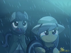 Size: 2732x2048 | Tagged: safe, artist:lordshrekzilla20, daring do, doctor caballeron, earth pony, pegasus, pony, fanfic:the one true king, g4, awe, clothes, crying, cute, daring dorable, fanfic art, female, hat, high res, male, mare, pith helmet, rain, shirt, stallion, tears of joy, watermark