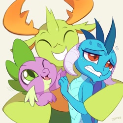 Size: 3000x3000 | Tagged: safe, artist:drtuo4, princess ember, spike, thorax, changedling, changeling, dragon, g4, season 7, triple threat, cute, dragoness, emberbetes, eyes closed, female, group hug, hape, high res, hug, king thorax, open mouth, personal space invasion, scene interpretation, simple background, smiling, spikabetes, thorabetes, trio, tsundember, tsundere, white background