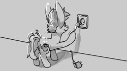 Size: 3840x2160 | Tagged: safe, artist:aliceg, oc, oc only, oc:covfefe cream, earth pony, pony, :t, butt, chibi, electrical outlet, fork, high res, hoof hold, male, outlet, plot, smiling, stallion, this will end in death, this will end in electrocution, too dumb to live