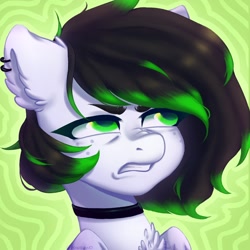 Size: 1100x1100 | Tagged: safe, artist:zowzowo, oc, oc only, pegasus, pony, annoyed, black hair, bust, choker, commission, ear fluff, ear piercing, earring, eyebrows, female, freckles, green background, green eyes, gritted teeth, irritated, jewelry, looking sideways, mare, piercing, short hair, simple background, solo, teeth, three quarter view, white coat