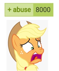 Size: 1160x1380 | Tagged: safe, applejack, derpibooru, g4, abuse, meta, milestone, scared, tags