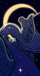 Size: 785x1500 | Tagged: safe, artist:rait-stormdragoness, princess luna, alicorn, pony, g4, crescent moon, ethereal mane, eyes closed, female, galaxy mane, mare, moon, night, sky, solo, spread wings, stars, wings