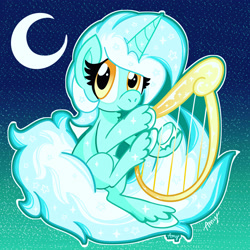 Size: 3000x3000 | Tagged: safe, artist:amycakes05, lyra heartstrings, pony, unicorn, g4, chibi, crescent moon, cute, female, high res, lyrabetes, lyre, mare, moon, musical instrument, smiling, solo