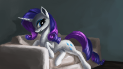 Size: 4000x2250 | Tagged: safe, artist:flusanix, rarity, pony, unicorn, g4, couch, female, looking back, mare, solo