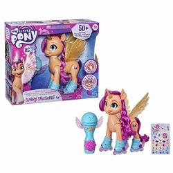 Size: 2560x2560 | Tagged: safe, sunny starscout, alicorn, earth pony, human, pony, g5, my little pony: a new generation, official, spoiler:my little pony: a new generation, 5+, alicornified, box, female, hasbro logo, high res, mare, merchandise, microphone, my little pony logo, race swap, roller skates, simple background, sing n skate sunny starscout, sticker, sunnycorn, text, toy, white background