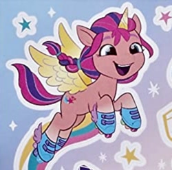 Size: 588x584 | Tagged: safe, sunny starscout, alicorn, pony, g5, spoiler:g5, alicornified, cropped, female, mare, race swap, sing n skate sunny starscout, sticker, sunnycorn