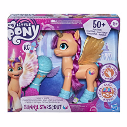Size: 4243x4243 | Tagged: safe, sunny starscout, alicorn, earth pony, pony, g5, my little pony: a new generation, official, spoiler:my little pony: a new generation, absurd resolution, alicornified, box, female, hasbro logo, mare, merchandise, microphone, my little pony logo, pony history, race swap, roller skates, simple background, sing n skate sunny starscout, sunnycorn, text, toy, white background