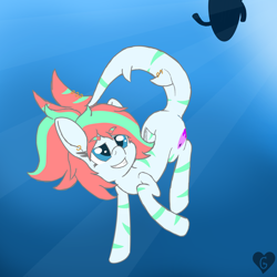Size: 5000x5000 | Tagged: safe, artist:gnashie, oc, oc only, oc:tropic wave, original species, pony, shark, shark pony, blue background, crepuscular rays, ear piercing, earring, grin, jewelry, moments before disaster, ocean, piercing, simple background, smiling, solo, sunlight, surfboard, swimming, tail piercing, teeth, underwater, water