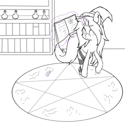 Size: 6000x6000 | Tagged: safe, artist:gnashie, oc, oc only, oc:witchcraft, pony, unicorn, book, bookshelf, chalk, clothes, hat, horn, magic, magic circle, potion, sketch, socks, solo, unicorn oc, witch hat