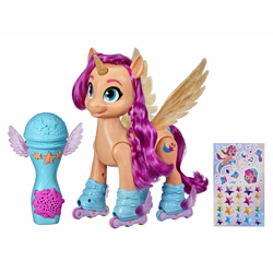 Size: 4845x4845 | Tagged: safe, sunny starscout, alicorn, earth pony, pony, g5, my little pony: a new generation, official, spoiler:my little pony: a new generation, alicornified, female, mare, merchandise, microphone, race swap, roller skates, simple background, sing n skate sunny starscout, solo, sticker, sunnycorn, toy, white background