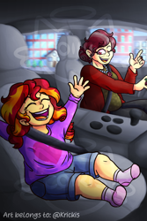 Size: 2700x4050 | Tagged: safe, artist:cordearcoiris, sunset shimmer, oc, oc:rose petal, fanfic:looking glass, series:who we become, equestria girls, g4, adult, car, car interior, child, commission, driving, duo, eyes closed, female, open mouth, seatbelt, tooth gap, younger