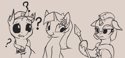 Size: 1446x676 | Tagged: safe, artist:anonymous, oc, oc:heavy halbard, changeling, earth pony, pony, unicorn, armor, clothes, female, flower, flower in hair, guardsmare, hat, helmet, hoof shoes, mare, monochrome, open mouth, question mark, royal guard, shirt, spear, tongue out, unamused, weapon