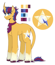 Size: 2219x2604 | Tagged: safe, artist:hahyh, oc, oc only, oc:beaming sun, classical unicorn, pony, unicorn, cloven hooves, coat markings, curved horn, high res, horn, leonine tail, magical gay spawn, offspring, parent:flash sentry, parent:sunburst, parents:flashburst, reference sheet, simple background, socks (coat markings), solo, unshorn fetlocks, white background