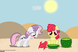 Size: 1500x1000 | Tagged: safe, artist:dtcx97, apple bloom, sweetie belle, earth pony, pony, unicorn, post-crusade, g4, alternate cutie mark, cactus, desert, duo, female, filly