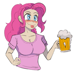 Size: 719x676 | Tagged: safe, artist:exvius, pinkie pie, human, g4, alcohol, beer, beer mug, blushing, breasts, busty pinkie pie, clothes, drunk, go home you're drunk, humanized, intoxicated, shirt, solo, t-shirt, tongue out