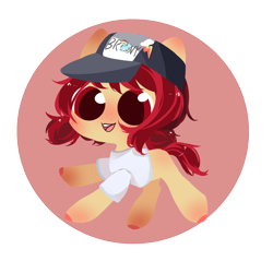 Size: 1000x1000 | Tagged: safe, artist:空空, oc, oc only, oc:conpone, earth pony, pony, /mlp/, /mlp/ con, blank flank, blushing, clothes, female, filly, hat, shirt, simple background, solo, t-shirt