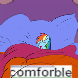 Size: 4000x4000 | Tagged: safe, artist:anonymous, rainbow dash, pegasus, pony, g4, bed, comfortable, comfy, drawthread, eyes closed, meme, open mouth, ponified, ponified meme, requested art, sleeping, solo