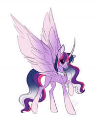 Size: 1027x1321 | Tagged: safe, artist:donnie-moon, twilight sparkle, alicorn, pony, g4, curved horn, female, horn, mare, raised hoof, signature, simple background, solo, twilight sparkle (alicorn), white background, wings