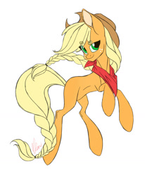 Size: 1230x1496 | Tagged: safe, artist:donnie-moon, applejack, earth pony, pony, g4, braid, female, freckles, hat, mare, neckerchief, rearing, signature, simple background, smiling, solo, white background