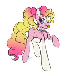 Size: 1280x1446 | Tagged: safe, artist:donnie-moon, pinkie pie, earth pony, pony, g4, :p, alternate hairstyle, female, mare, one eye closed, raised hoof, simple background, solo, tongue out, white background, wink