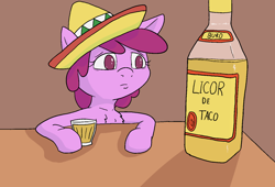 Size: 1414x963 | Tagged: safe, artist:happy harvey, berry punch, berryshine, earth pony, pony, g4, alcohol, chest fluff, colored, colored pupils, drawthread, dripping, female, food, liquor, mare, phone drawing, ponified, ponified animal photo, sad, sombrero, table, tequila
