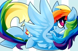 Size: 3401x2230 | Tagged: safe, artist:nekosnicker, rainbow dash, pegasus, pony, g4, flying, high res, smiling, solo
