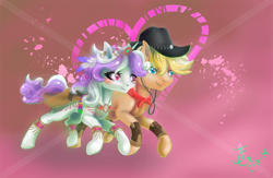 Size: 4000x2600 | Tagged: safe, alternate version, artist:joan-grace, oc, oc only, earth pony, pony, abstract background, blushing, duo, earth pony oc, eyelashes, female, hat, male, mare, running, signature, stallion