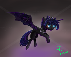 Size: 2000x1600 | Tagged: safe, artist:joan-grace, oc, oc only, alicorn, bat pony, bat pony alicorn, pony, abstract background, bat pony oc, bat wings, blushing, flying, horn, jewelry, necklace, signature, solo, starry wings, wings