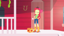 Size: 3410x1920 | Tagged: safe, screencap, apple bloom, equestria girls, equestria girls specials, g4, my little pony equestria girls: better together, my little pony equestria girls: holidays unwrapped, the cider louse fools, animation error, apple bloom's bow, boots, bow, clothes, denim, eyes closed, female, hair bow, hand on hip, jack-in-the-box, pants, problem solved, red hair, shirt, shoes, smiling, solo, t-shirt, yellow skin