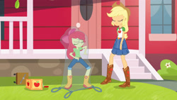 Size: 3410x1920 | Tagged: safe, screencap, apple bloom, applejack, equestria girls, equestria girls series, g4, holidays unwrapped, the cider louse fools, spoiler:eqg series (season 2), apple bloom's bow, applejack's hat, belt, boots, bow, clothes, cowboy boots, cowboy hat, cutie mark, cutie mark on clothes, denim skirt, eyes closed, female, geode of super strength, hair bow, hat, jewelry, magical geodes, necklace, shoes, skirt, smiling