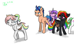 Size: 1000x600 | Tagged: safe, artist:joan-grace, oc, oc only, oc:prism, oc:spectrum, earth pony, pegasus, pony, angry, bag, crying, earth pony oc, female, male, mare, multicolored hair, offspring, parent:rainbow dash, parent:soarin', parents:soarindash, rainbow hair, saddle bag, signature, simple background, stallion, white background, wings