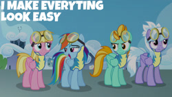 Size: 1280x720 | Tagged: safe, edit, edited screencap, editor:quoterific, screencap, cloudchaser, lightning dust, meadow flower, rainbow dash, pegasus, pony, g4, season 3, wonderbolts academy, female, goggles, mare, open mouth, smiling