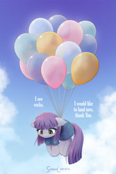 Size: 1600x2400 | Tagged: safe, artist:symbianl, maud pie, earth pony, pony, g4, adorable distress, balloon, blushing, cute, daaaaaaaaaaaw, floating, looking down, maudabetes, signature, solo, that pony sure does love balloons, then watch her balloons lift her up to the sky