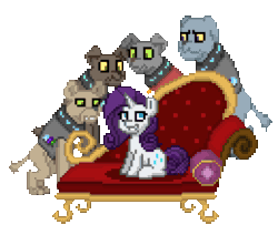 Size: 780x660 | Tagged: safe, artist:slybotz, fido, rarity, rover, spot, diamond dog, pony, unicorn, pony town, a dog and pony show, g4, season 1, couch, fainting couch, female, gif, male, mare, meme, non-animated gif, parody, piper perri surrounded, pixel art, ponified meme, scene parody, simple background, sitting, transparent background