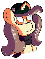 Size: 2217x2885 | Tagged: safe, artist:sparkfler85, derpibooru exclusive, oc, oc only, oc:hymyt, pony, unicorn, bust, clothes, cutie mark, cutie mark on clothes, female, hat, high res, mare, portrait, scarf, simple background, solo, transparent background