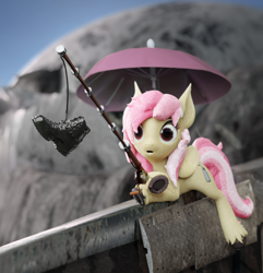 Size: 1612x1670 | Tagged: safe, oc, oc only, oc:cotton seams, pegasus, pony, 3d, blender, boots, commission, detailed background, female, fishing, fishing rod, mare, pegasus oc, shoes, solo, umbrella, ych result