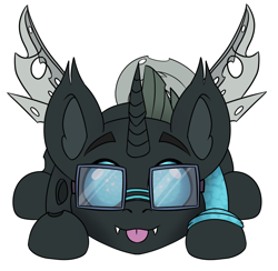 Size: 1254x1226 | Tagged: safe, alternate character, alternate version, artist:rokosmith26, oc, oc only, oc:tarsi, changeling, pony, :p, changeling oc, chibi, clothes, commission, cute, ear fluff, eyebrows, glasses, horn, leg warmers, looking at you, lying down, male, simple background, solo, spread wings, stallion, teeth, tongue out, transparent background, wings, ych result