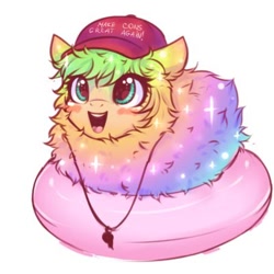 Size: 400x400 | Tagged: safe, artist:falafeljake, oc, oc only, pony, fluffy, green eyes, hat, inner tube, maga hat, open mouth, open smile, princesto con, simple background, smiling, solo, white background