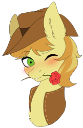Size: 2498x3855 | Tagged: safe, artist:torihime, braeburn, earth pony, pony, g4, blushing, bust, commission, flower, flower in mouth, high res, looking at you, male, one eye closed, portrait, rose, rose in mouth, solo, wink, winking at you, ych result