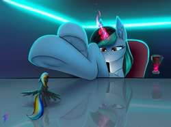 Size: 4162x3102 | Tagged: safe, artist:darky_wings, oc, oc only, oc:chrystal, oc:darky wings, pegasus, pony, unicorn, alcohol, duo, duo female, female, fetish, hoof fetish, looking at phone, macro, magic, micro, neon, phone, reflection, underhoof, wine