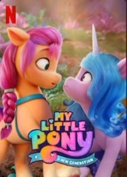 Size: 262x365 | Tagged: safe, screencap, izzy moonbow, sunny starscout, earth pony, pony, unicorn, g5, duo, female, logo, looking at each other, mare, misleading thumbnail, my little pony logo, netflix, out of context, pony history, shipping fuel
