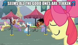 Size: 830x480 | Tagged: safe, artist:olibacon, edit, edited screencap, screencap, apple bloom, lightning bolt, parasol, ponet, white lightning, earth pony, pony, g4, hearts and hooves day (episode), caption, hearts and hooves day, heihachi, image macro, jin kazama, meme, sweetie belle made punch for you, tekken, text, youtube poop