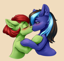 Size: 1496x1442 | Tagged: safe, artist:kittytitikitty, oc, oc:akim, pony, akimpop, blushing, commission, kissing