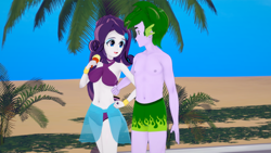 Size: 1920x1080 | Tagged: safe, artist:hornydogo, rarity, spike, human, equestria girls, g4, 3d, beach, bocas top, breasts, clothes, duo, female, food, ice cream, ice cream cone, koikatsu, legs together, male, male nipples, nipples, rarity's beach shorts swimsuit, sarong, ship:sparity, shipping, straight, swimming trunks, swimsuit